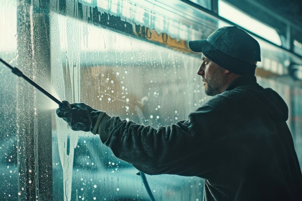 Man working at the car wash cleaning window adult.