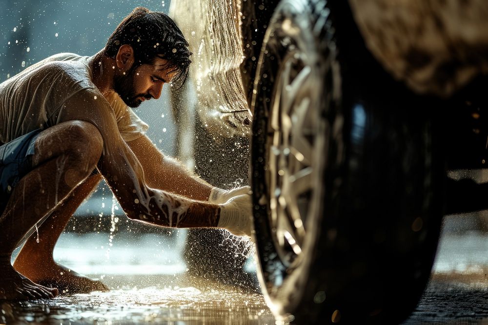 Man washing car tyres adult man reflection.