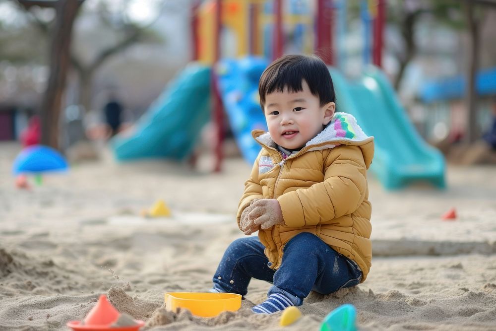 Photo of male toddler playground outdoors beach.