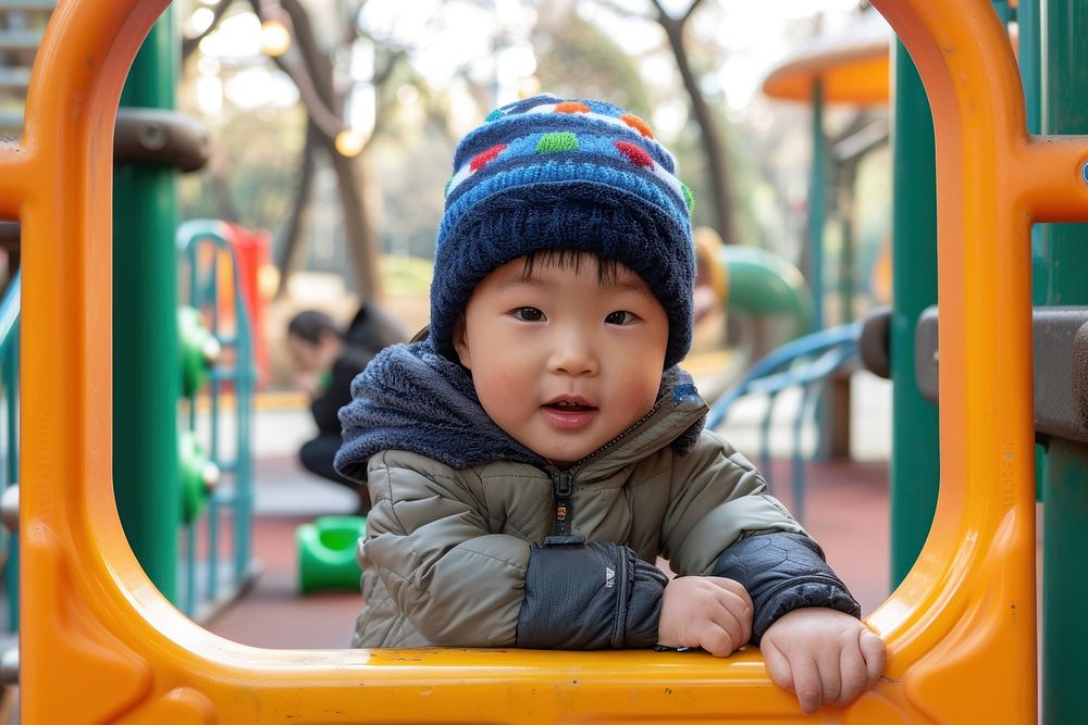 Photo of male toddler playground portrait outdoors.