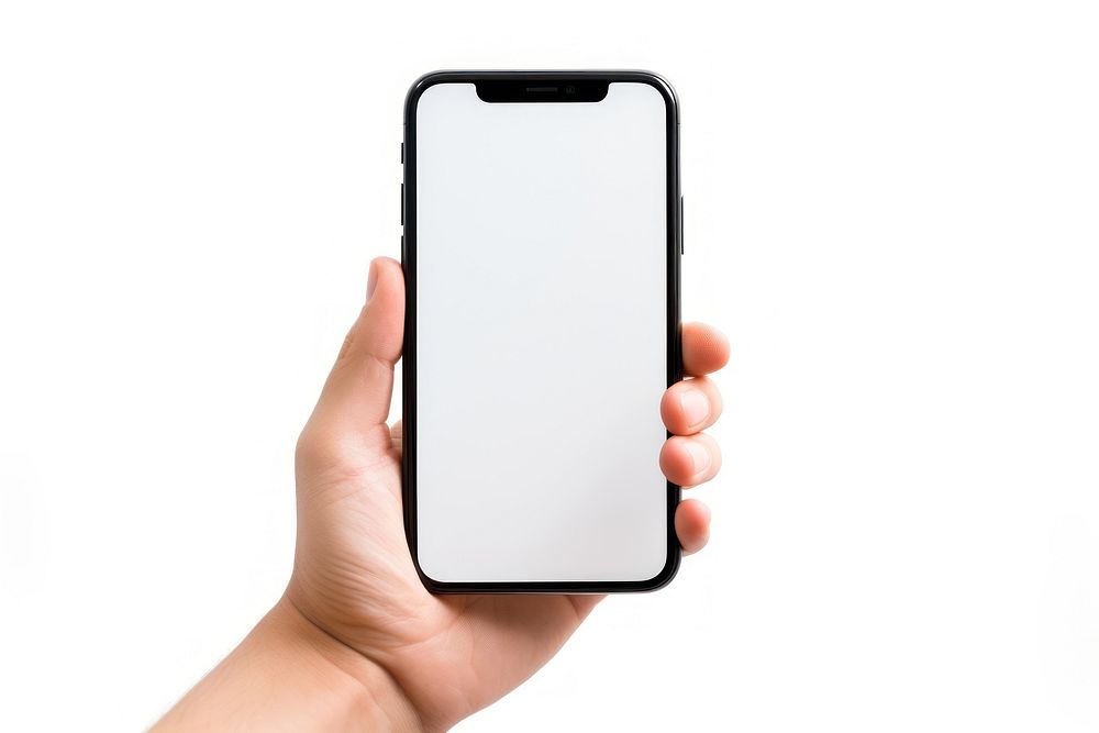 Person holding cellphone white background photographing portability.