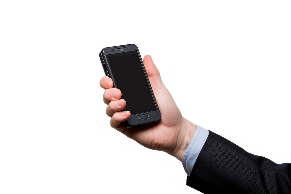 Person holding cellphone white background portability electronics.