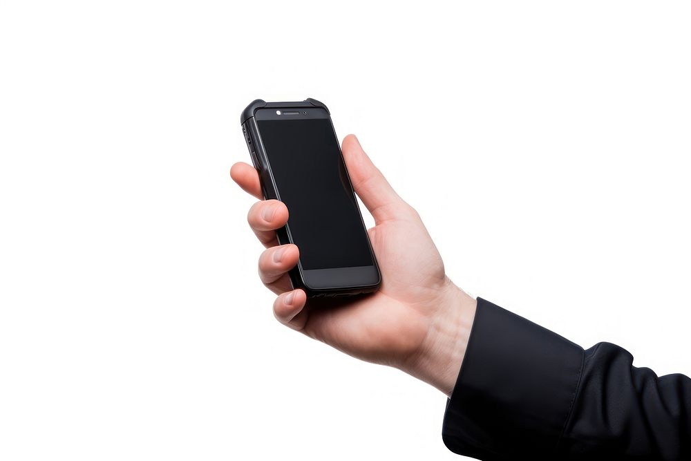 Person holding cellphone white background portability electronics.