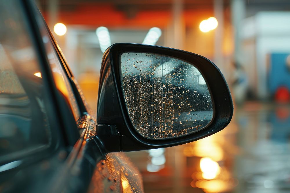 Side view mirror of a car in a car wash vehicle light transportation.