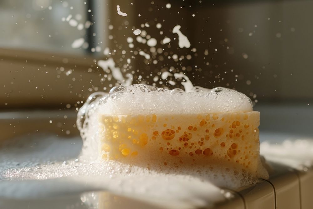 Soapy sponge freshness beverage hygiene.