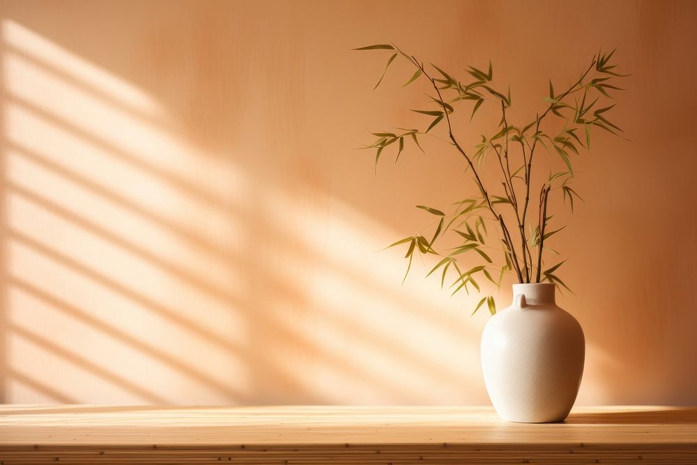 Bamboo in a cream vase windowsill sunlight table.
