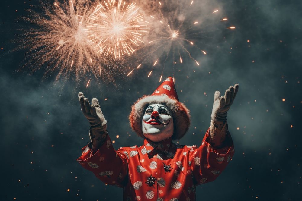 Clown with firework fireworks festival performance.
