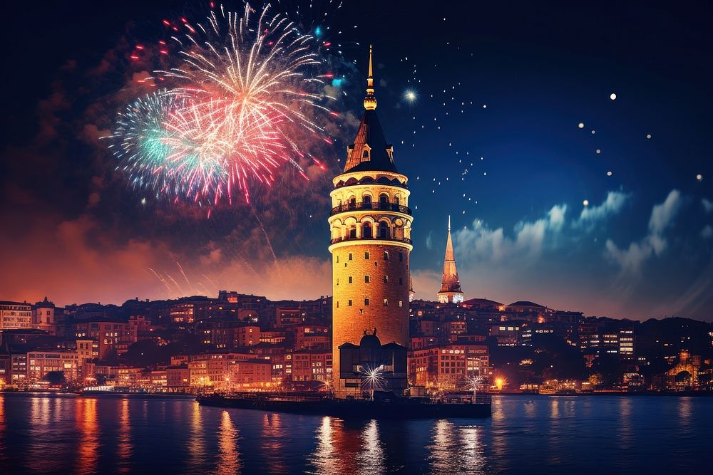 Galata Tower with firework fireworks tower architecture.