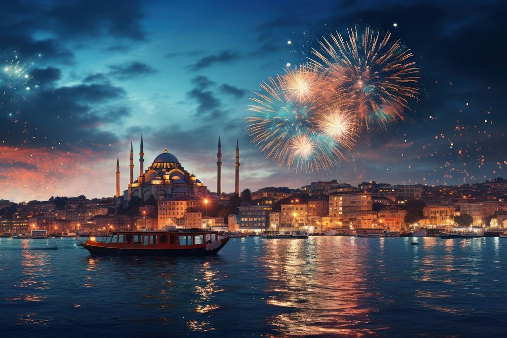 Istanbul with firework fireworks architecture cityscape.