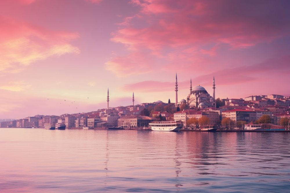 Istanbul with pink sky architecture landscape cityscape.