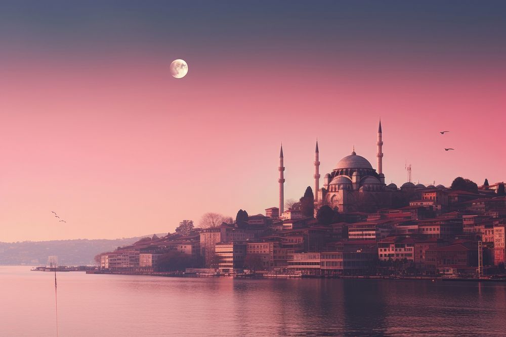 Istanbul with pink sky architecture cityscape building.