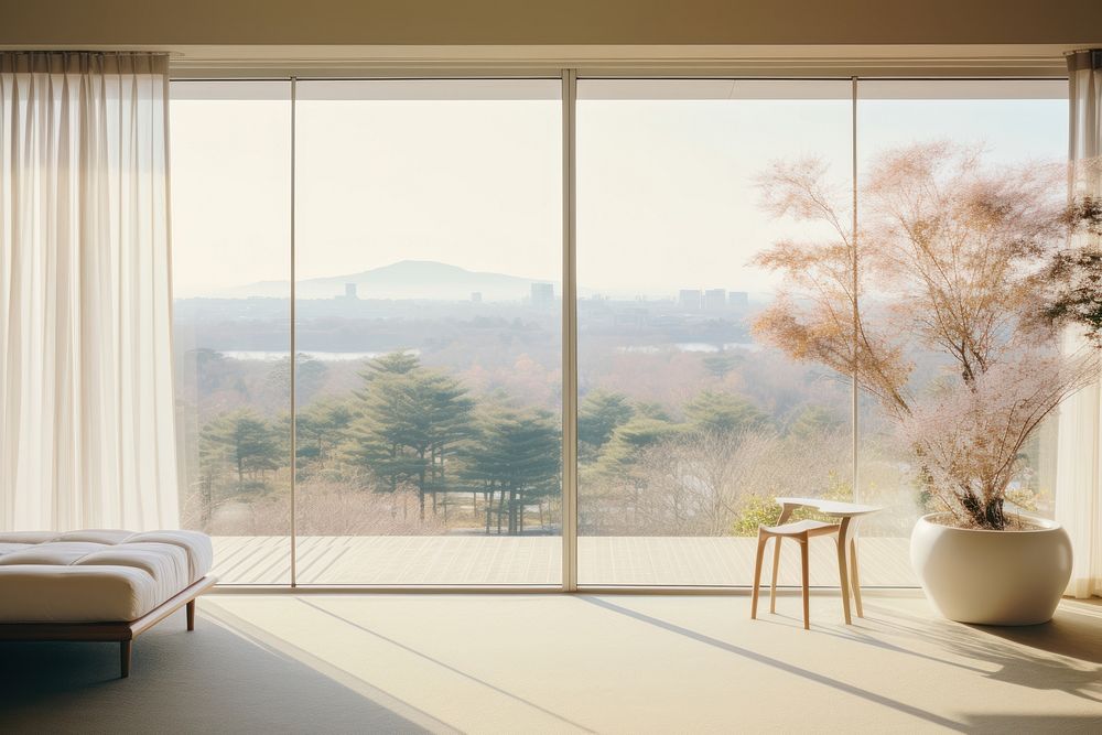 Minimal Japanese hotel interior with the scenery outside the window furniture nature architecture.