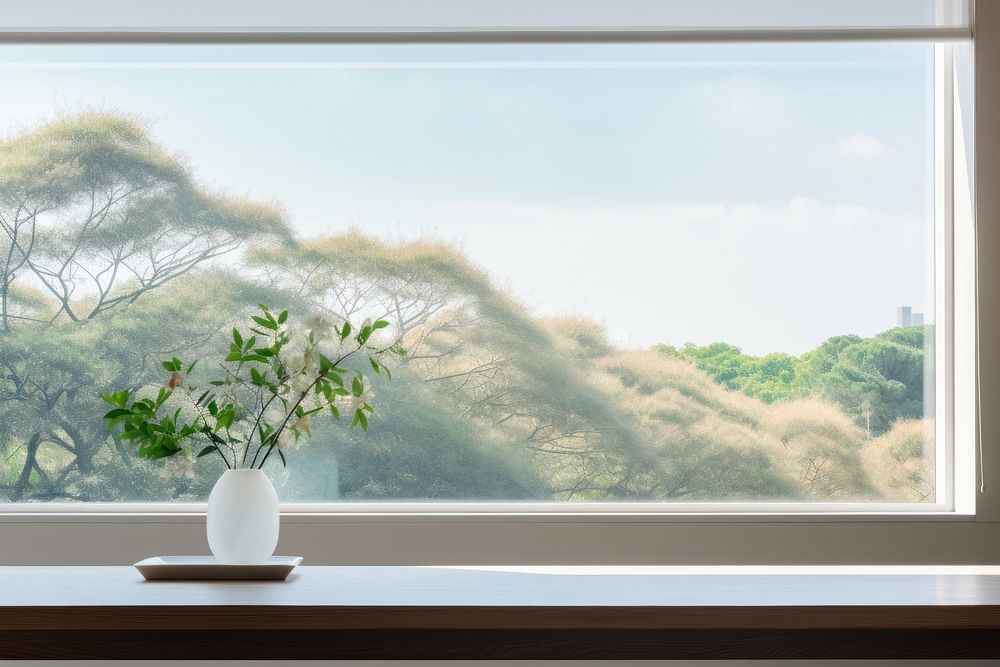 Minimal Japanese hotel interior with the scenery outside the window windowsill nature plant.