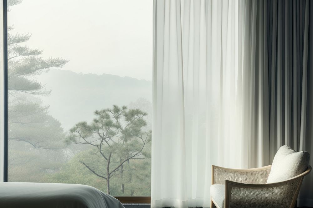 Minimal Japanese hotel interior with the scenery outside the window furniture pillow nature.