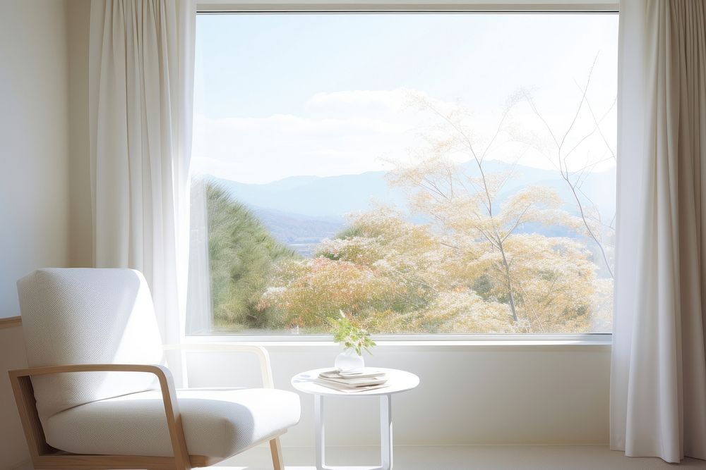 Minimal Japanese hotel interior with the scenery outside the window furniture nature chair.
