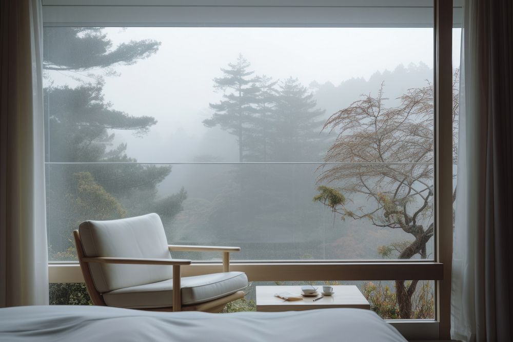 Minimal Japanese hotel interior with the scenery outside the window nature furniture chair.