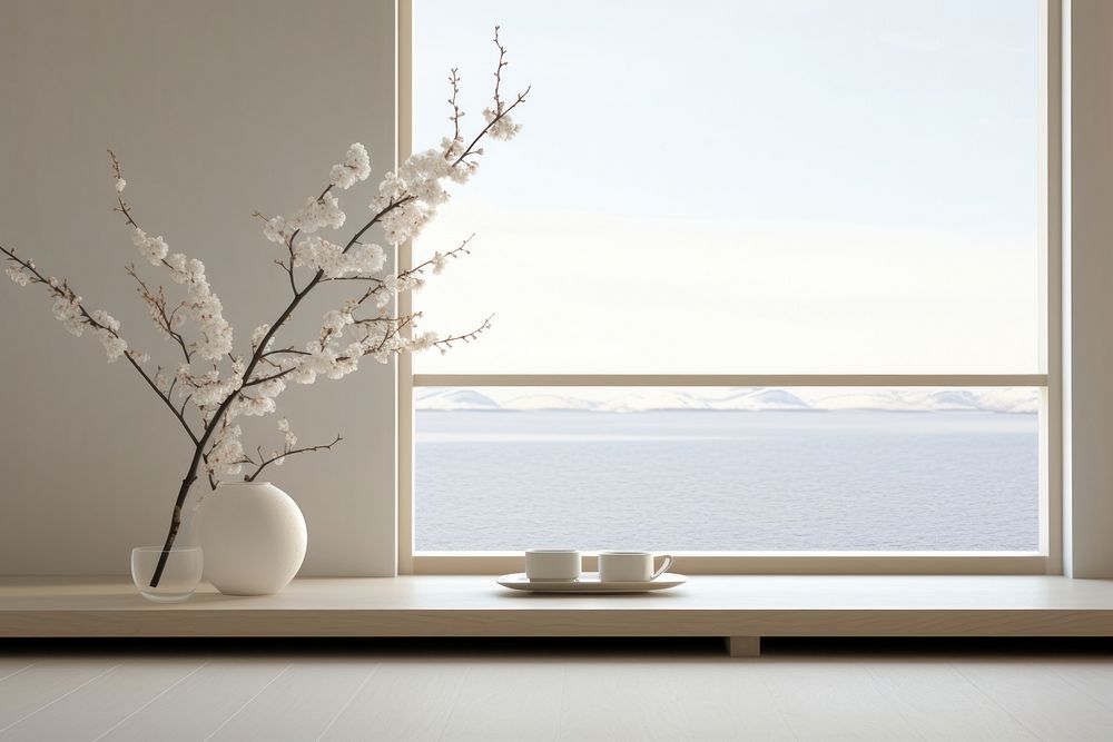 Minimal Japanese hotel interior with the scenery outside the window windowsill nature flower.