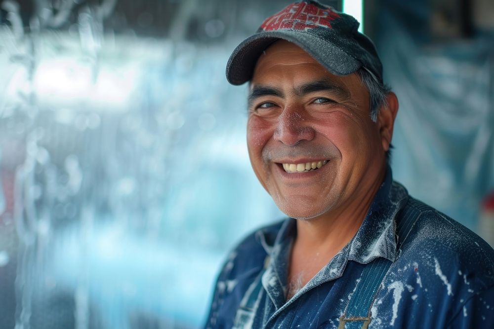 A smiling male hispanic worker in car wash portrait photography adult.