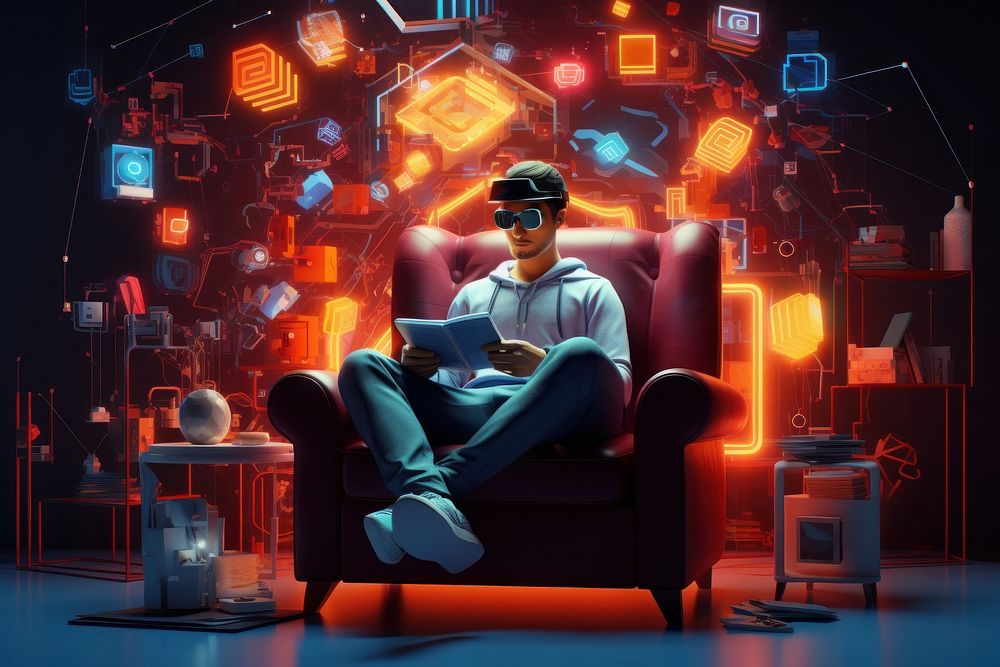 Man sitting on sofa and play games chair adult illuminated.