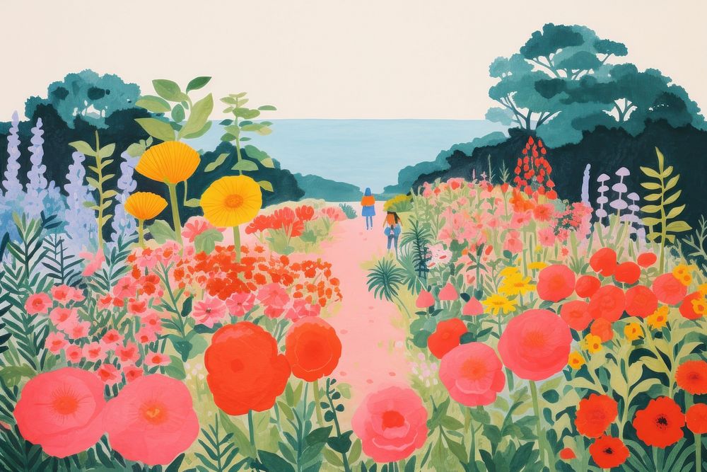 Colorful english garden art outdoors painting.