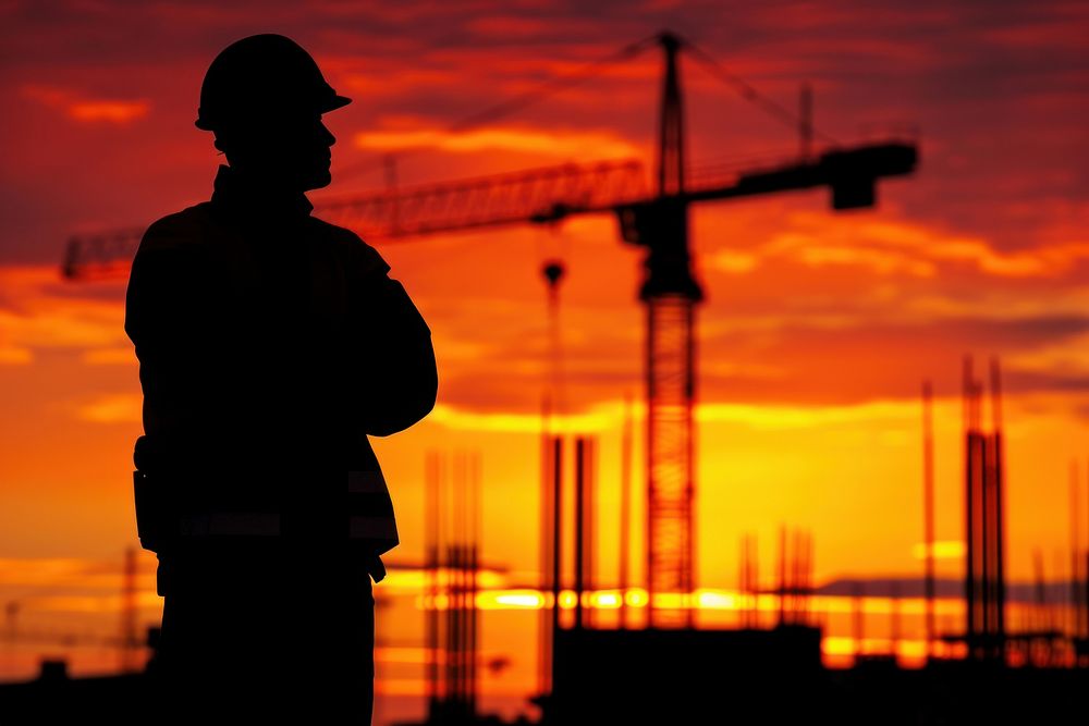 Engineer next to construction site backlighting silhouette sunset.