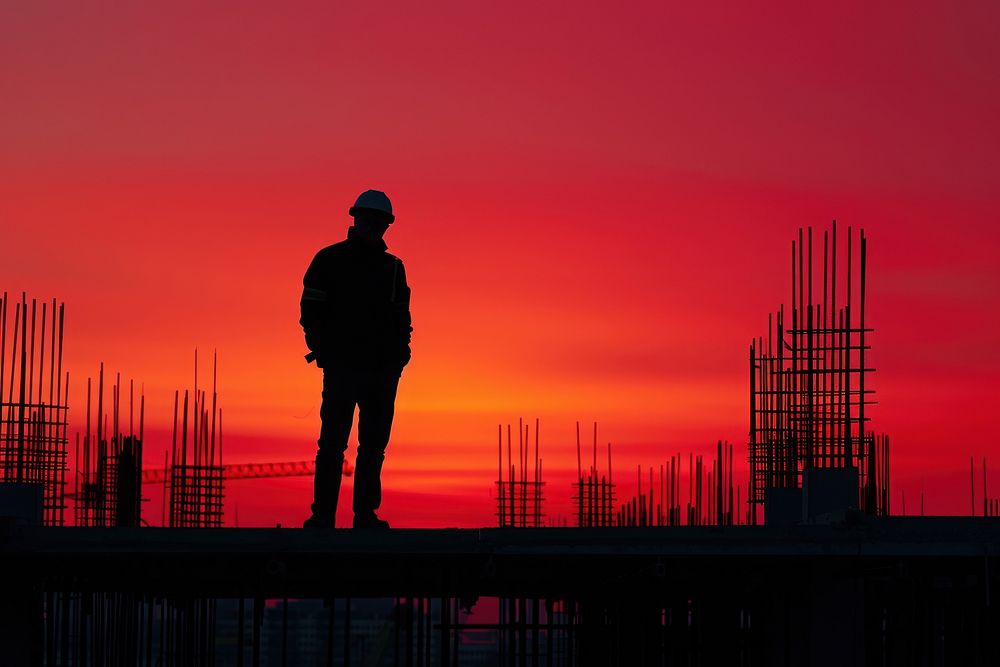 Engineer next to construction site backlighting silhouette sunset.
