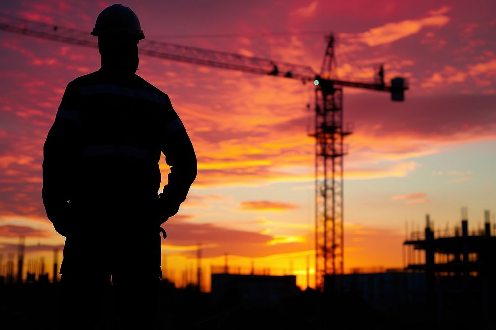 Engineer next to construction site silhouette sunset helmet.