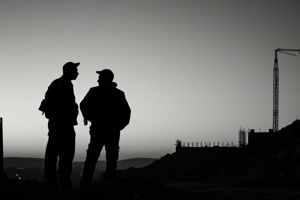Engineers talking next to construction site silhouette backlighting outdoors.