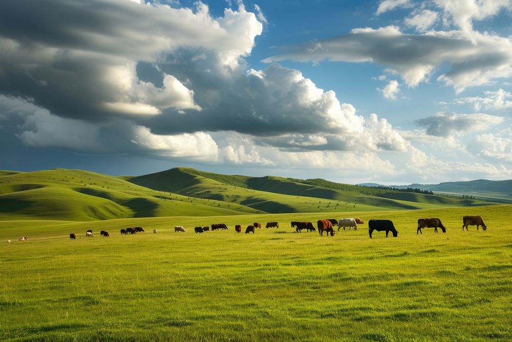 Smart live stock agriculture in large landscape grassland livestock panoramic.
