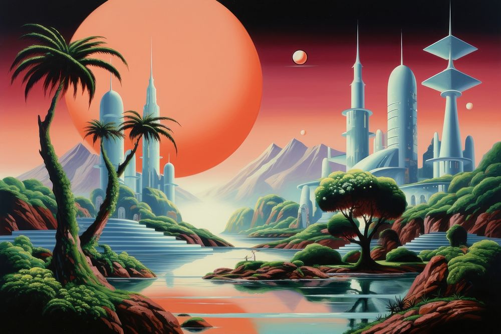 Architect on another planet landscape outdoors painting.