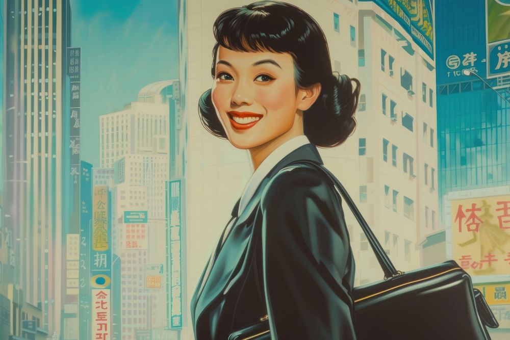 Smiling young Asian business woman holding bag smiling adult city.
