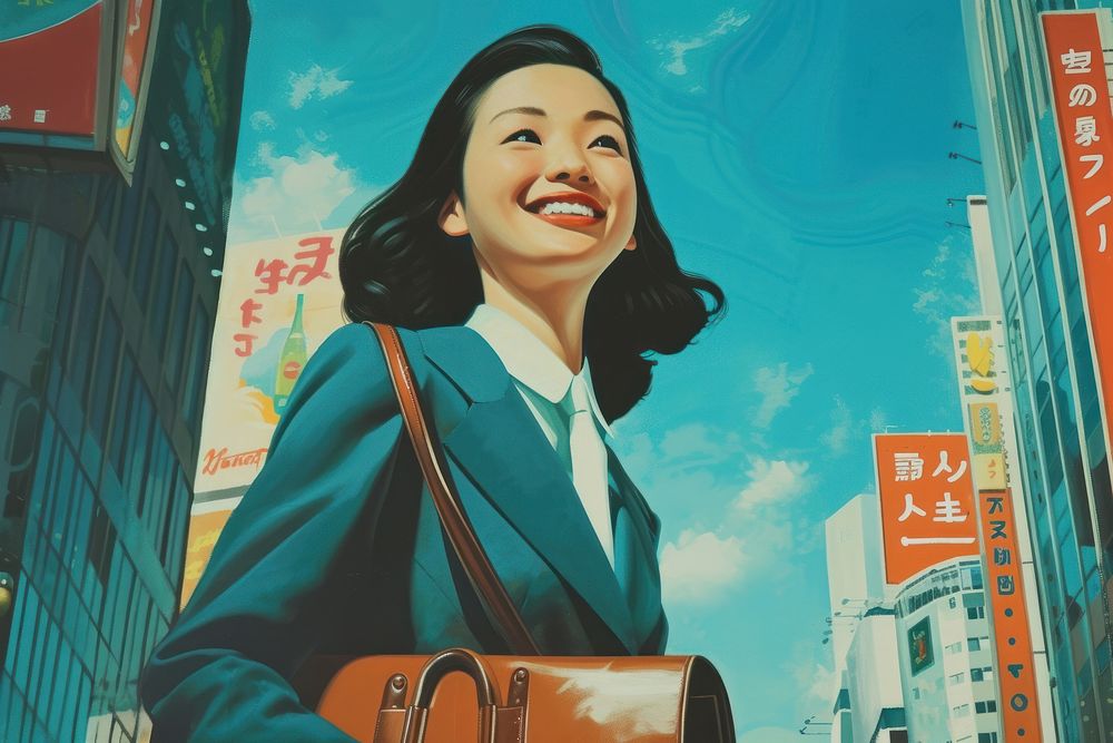 Smiling young Asian business woman holding bag city art smiling.
