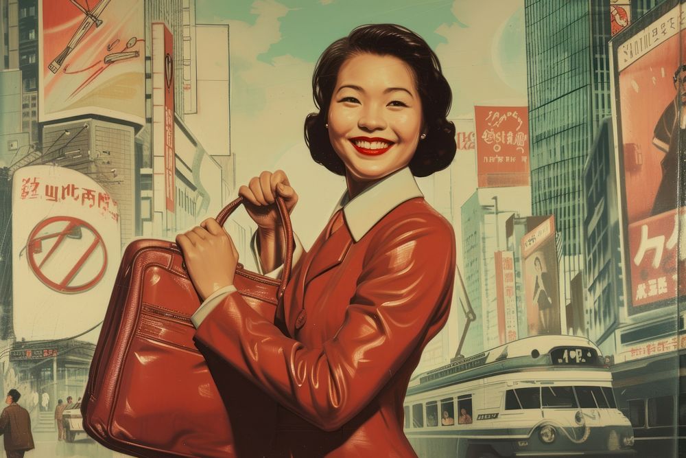 Smiling young Asian business woman holding bag smiling poster adult.