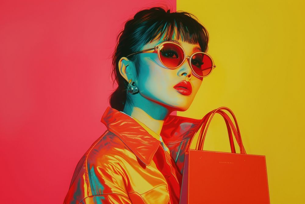 Asian female shopping sunglasses portrait handbag.