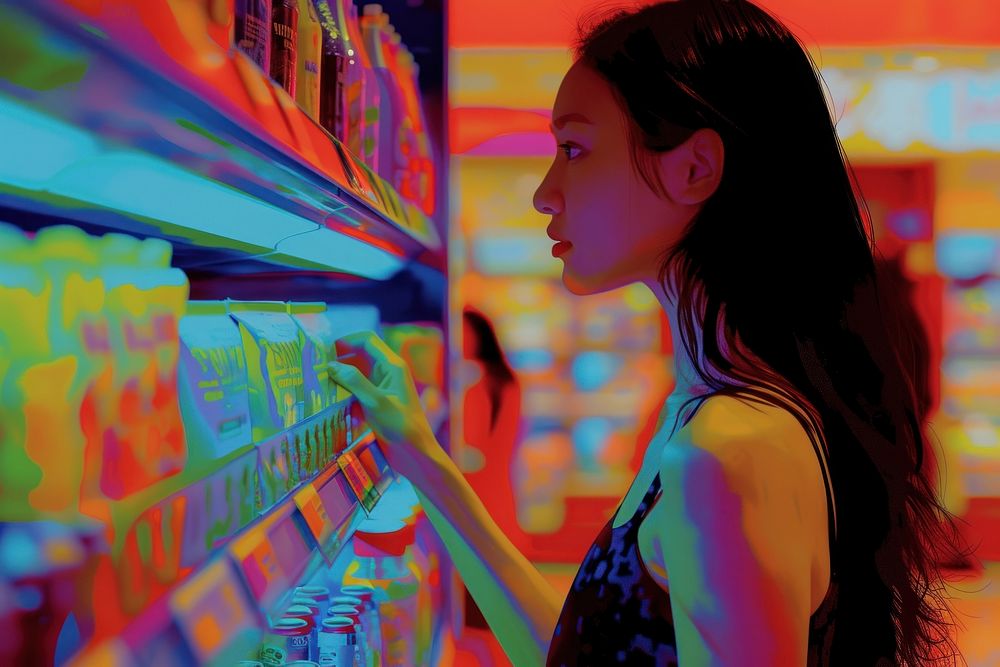 Asian female shopping consumerism supermarket technology.