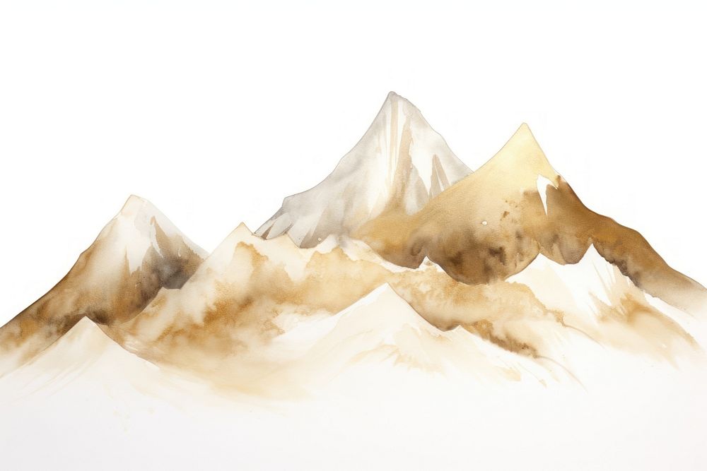 Watercolor mountain background nature gold white background.