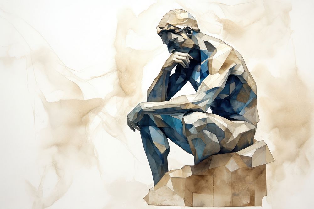 The Thinker Sculpture marble watercolor minimal background sculpture painting statue.