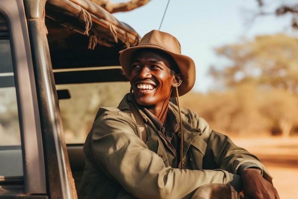 Man with safari vehicle smile laughing adult.