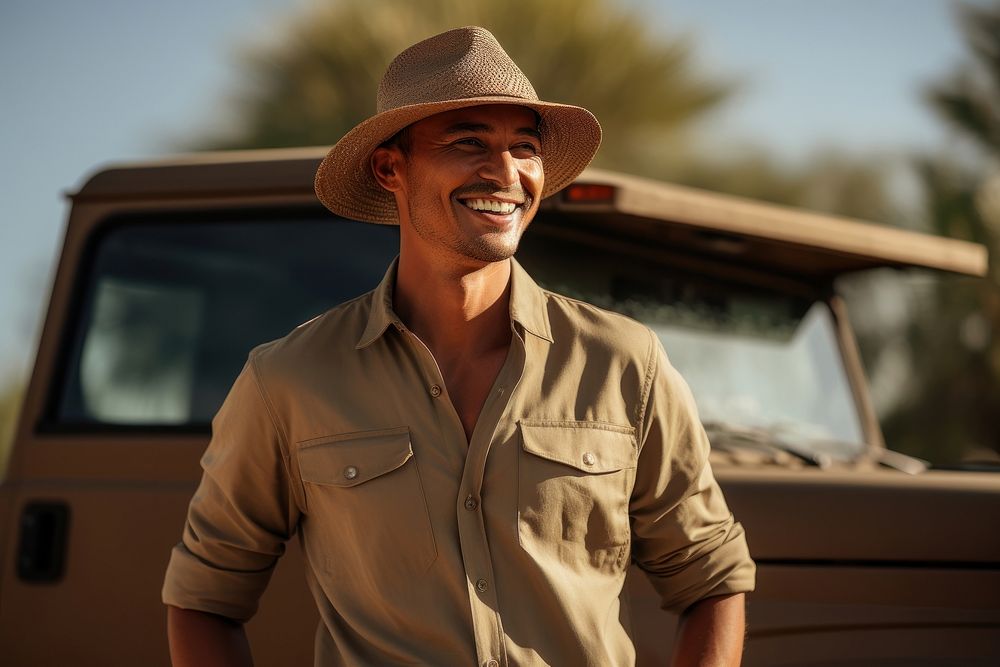 Man with safari vehicle smile standing adult.