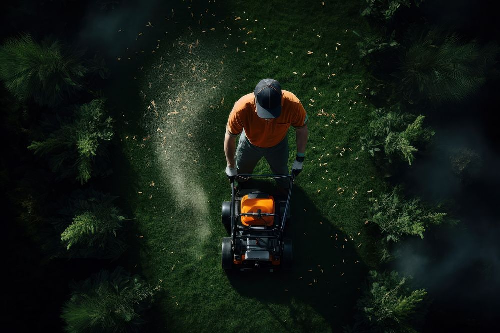 Man mowing grass lawn plant mower.