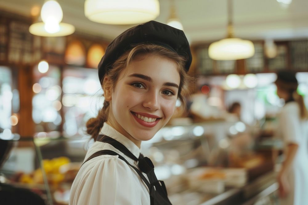 Young woman waiter working smile accessories.
