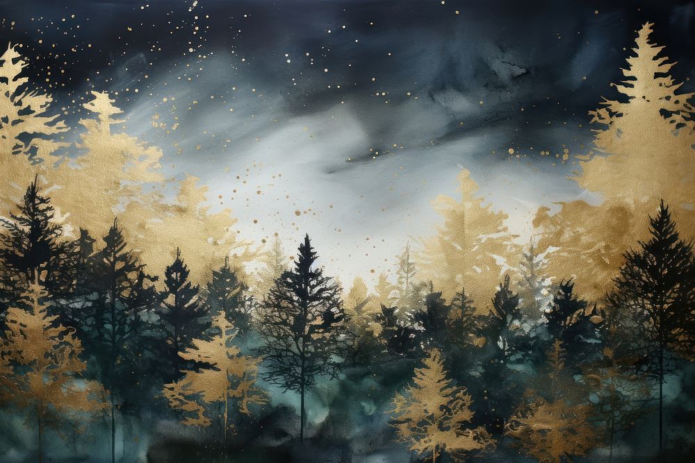 Dark forest watercolor background landscape outdoors painting.