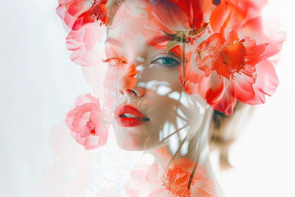 Double exposure photography fashion model and flower portrait lipstick adult.