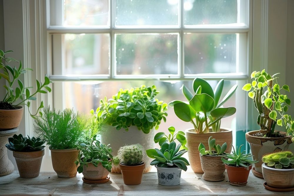 Indoor plants window windowsill arrangement.