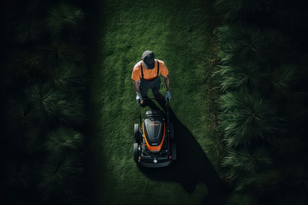 Man mowing grass lawn plant mower.