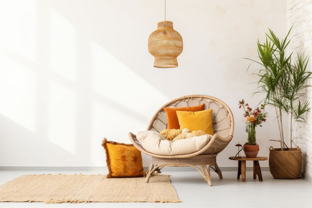 Interior space decorated in Bohemian style furniture cushion pillow.