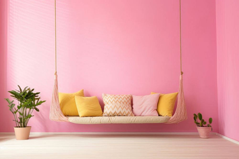 Interior space decorated in Bohemian style furniture cushion swing.