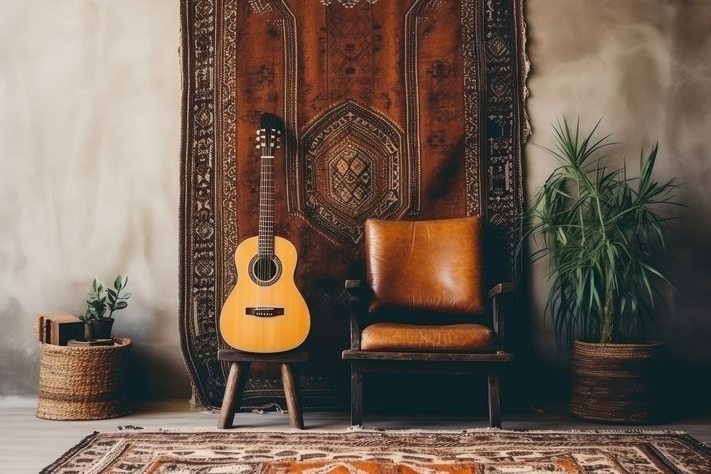 Interior space decorated in Bohemian style furniture guitar chair.