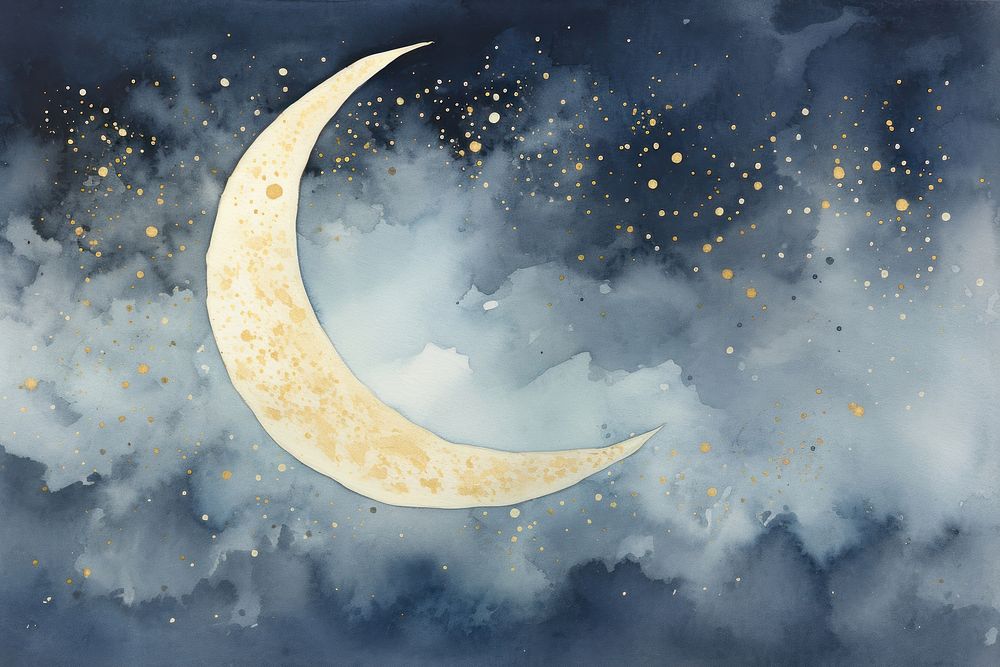 Moon in night sky watercolor background astronomy outdoors painting.
