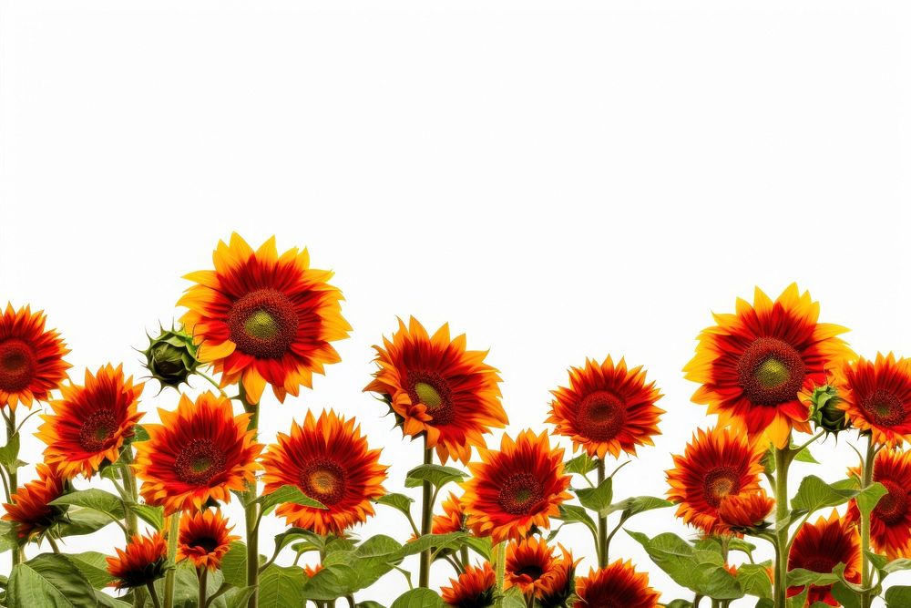 Prado red sunflowers field outdoors plant white background.